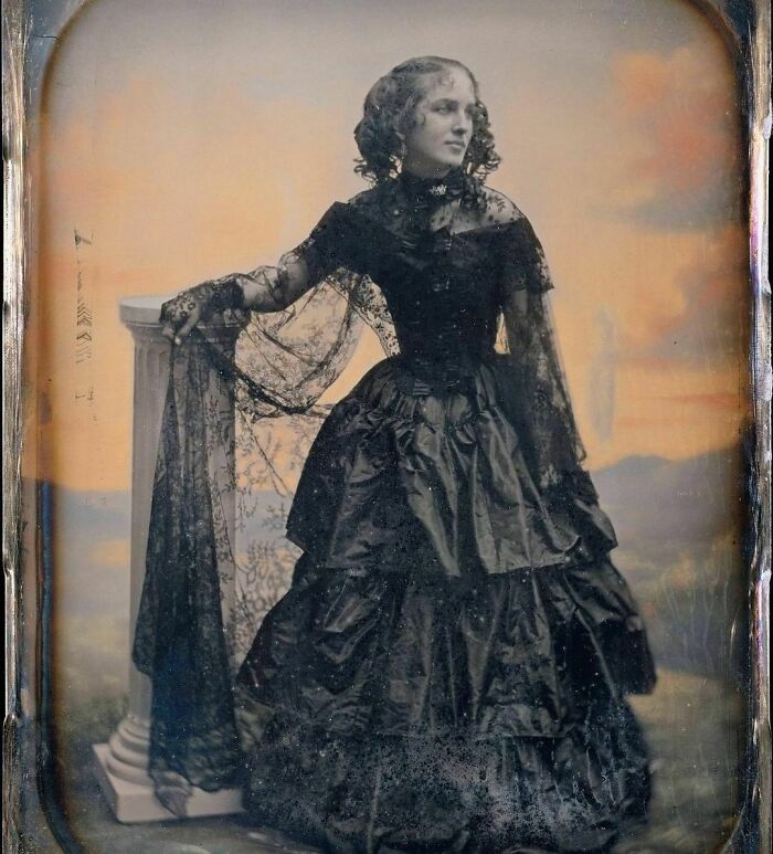 Woman In Black Taffeta Dress And Lace Shawl C. 1850