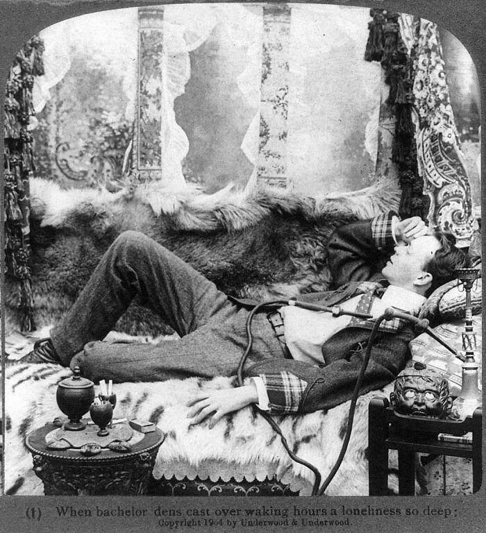 Edwardian Chap Having A “Chill Out” Beside His Hookah Pipe! Caption Below Reads: “When Bachelors Dens Cast Over Waking Hours A Loneliness So Deep” Circa Late 1900s