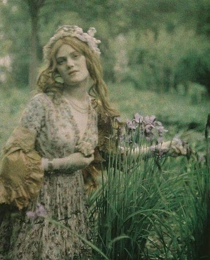 Autochrome Picture Of Lady Chilling In The Meadows By Paul Bergson C 1910