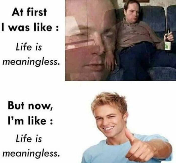 Two-part meme about life's meaninglessness, with contrasting images and moods. Discuss memes in therapy for insight.