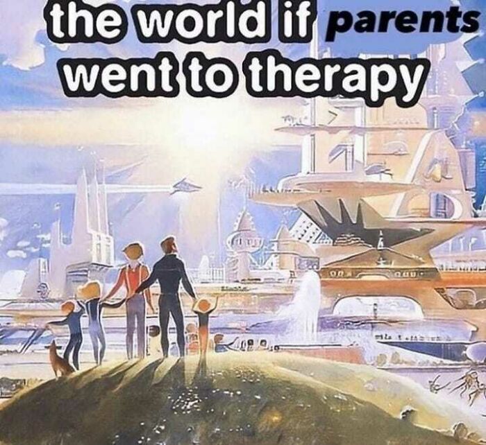 Illustration showing a family and futuristic cityscape with the text “the world if parents went to therapy.”