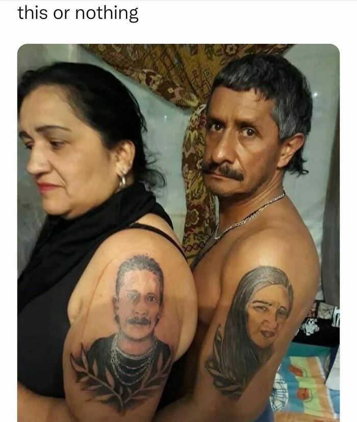 Two people with large portrait tattoos on their arms, showcasing tattoo fails from Instagram.