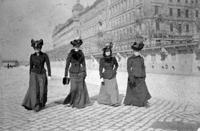 Four Ladies Going For A Stroll In Budapest, Hungary Circa 1900
