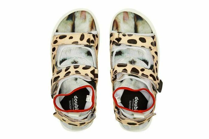 Weird shoes with spotted fur design and animal print, featuring a unique, eye-catching style.