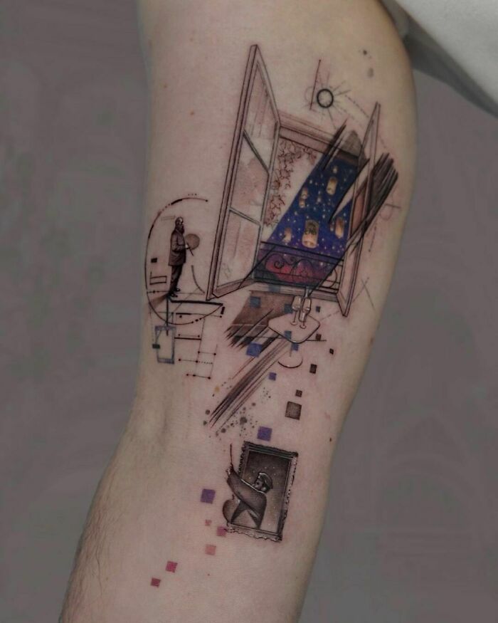 Detailed geometric tattoo design with creative shapes and forms featuring an open window and abstract elements.