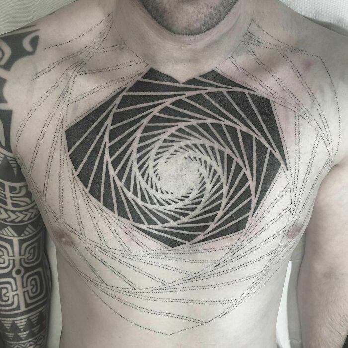 Geometric abstract large chest tattoo