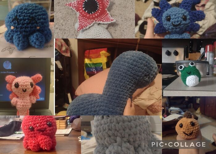Bunch Of Crochet Things I Made (Demogorgon, Octopus X2, Strawberry Octopus, Frog, Pumpkin, Nessie, And Axolotl X2