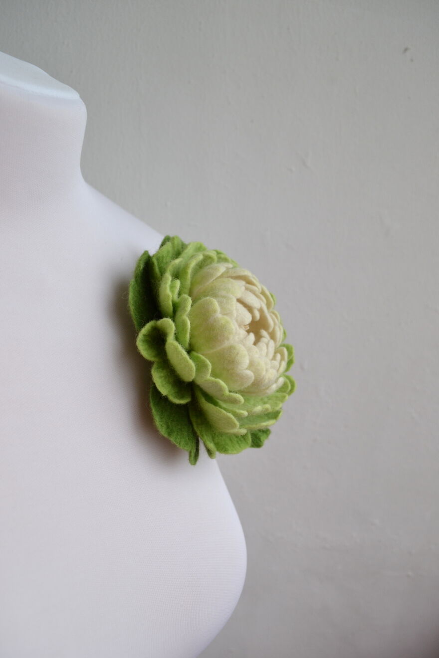 Green And White Peony Brooch