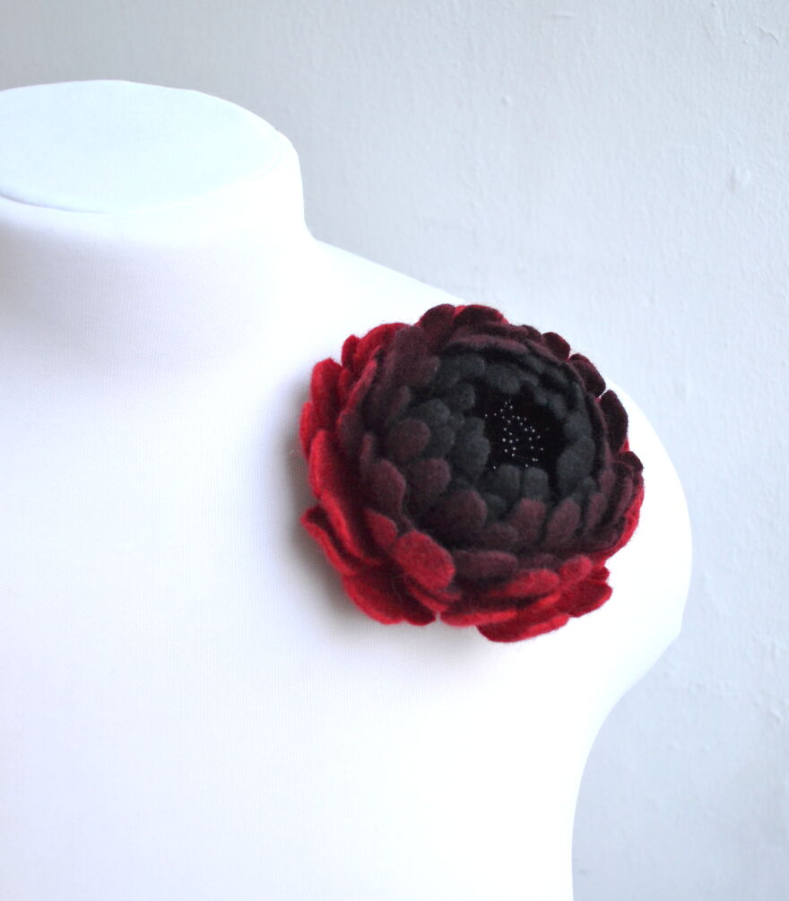 Red And Black Peony Brooch