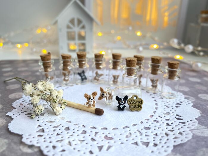 Tiny Crochet Corgis In Glass Bottle