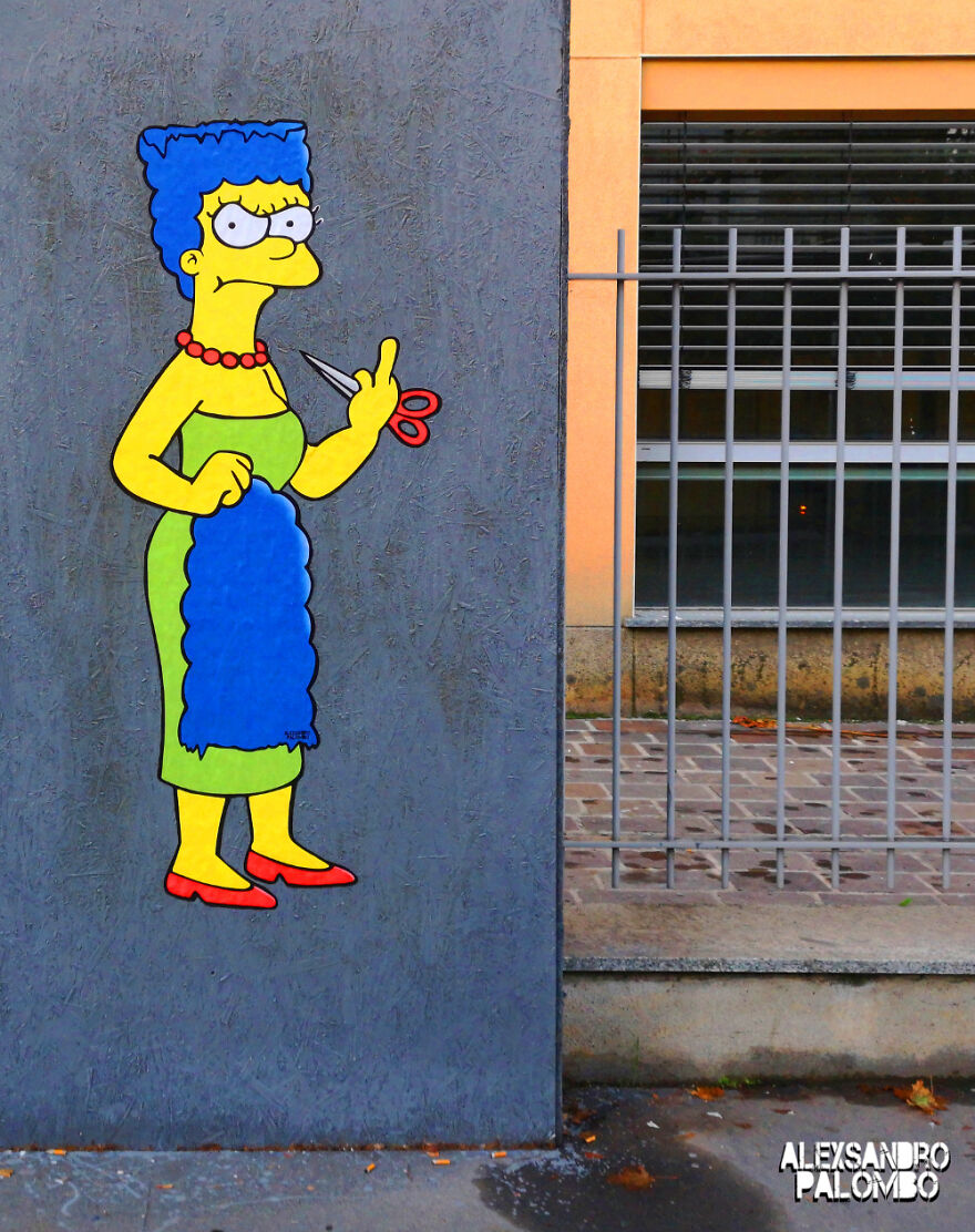 Behind "The Cut" Story Mural Featuring Marge Simpson Supporting The Iranian Protests Which Was Censored In Milan Italy