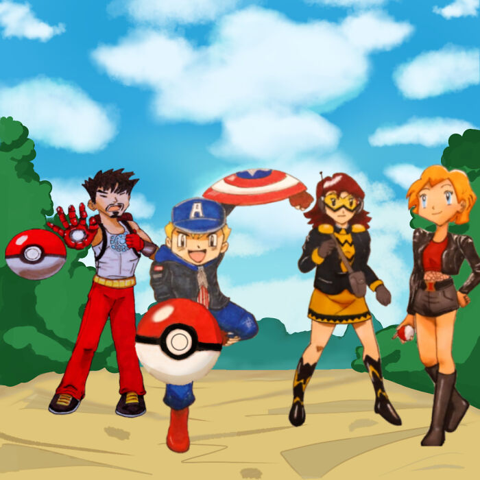 Marvel Characters As Pokemon Trainers (Hand Drawn With Background Made In Ibis Paint)