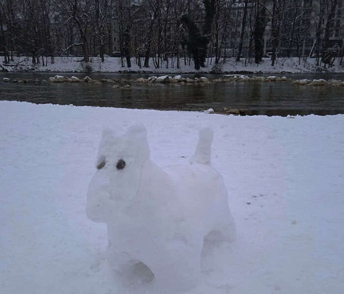 Someone Built A Snow Dog Next To The Walkway Along The Isar (The River Running Through Munich) ❄️⛄🐶