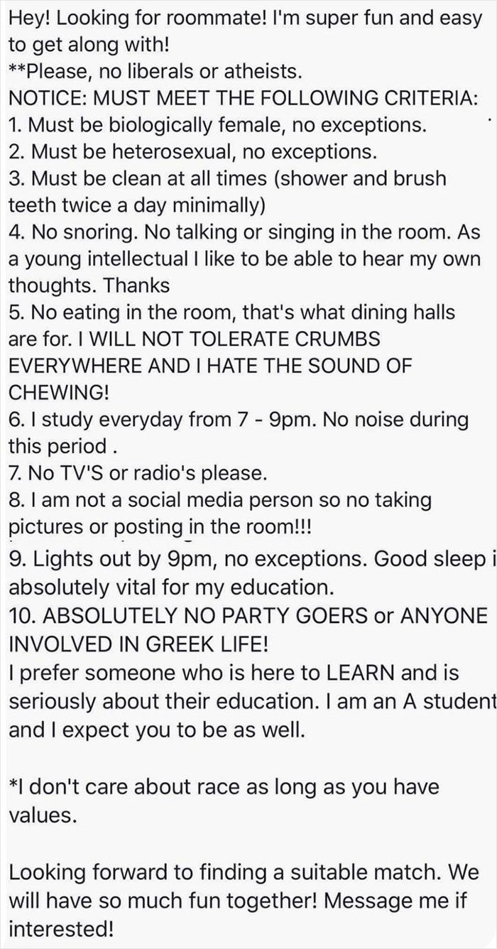 College Girl Is Looking For A Roommate But Is Homophobic/Transphobic, Rude, Wants Silence Almost 24/7 And Overall Has Unrealistic Expectations. (I Wonder Who Her Roommate Ended Up Being... And If She’s Still Sane)