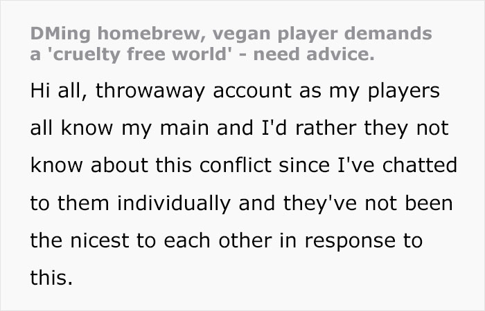 Dungeon Master Puzzled When New Vegan Player Starts Prodding For A “Cruelty-Free” World, Asks For Help Online Dungeon Master Puzzled When New Vegan Player Starts Prodding For A “Cruelty-Free” World, Asks For Help Online
