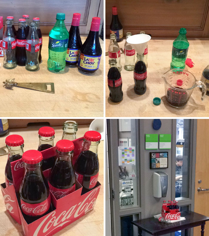 This Year's April Fools Prank. Filling Glass Cola Bottles With Soy Sauce, And Resealing Them