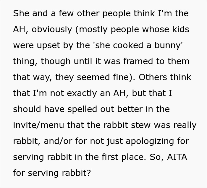 Woman Serves Rabbit Stew For Themed Party, Guests Flip Out After Realizing It Contains Actual Rabbit Meat Woman Serves Rabbit Stew For Themed Party, Guests Flip Out After Realizing It Contains Actual Rabbit Meat