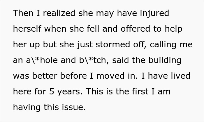 Woman Is Annoyed Her Neighbor Comes To Her Landing And Lurks, So She Swings Open The Door, Frightening Her And Causing Her To Fall Woman Is Annoyed Her Neighbor Comes To Her Landing And Lurks, So She Swings Open The Door, Frightening Her And Causing Her To Fall