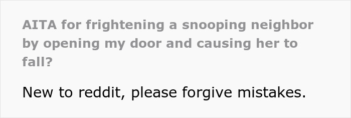Woman Is Annoyed Her Neighbor Comes To Her Landing And Lurks, So She Swings Open The Door, Frightening Her And Causing Her To Fall Woman Is Annoyed Her Neighbor Comes To Her Landing And Lurks, So She Swings Open The Door, Frightening Her And Causing Her To Fall