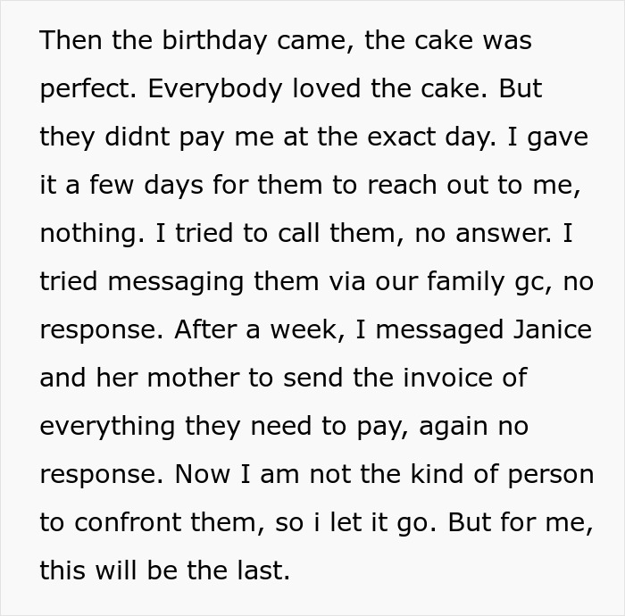 Family Has To Pick Sides After Woman Refuses To Bake More Cakes For Cousin After She Disappeared When She Had To Pay For The First One