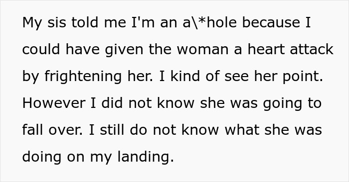 Woman Is Annoyed Her Neighbor Comes To Her Landing And Lurks, So She Swings Open The Door, Frightening Her And Causing Her To Fall Woman Is Annoyed Her Neighbor Comes To Her Landing And Lurks, So She Swings Open The Door, Frightening Her And Causing Her To Fall