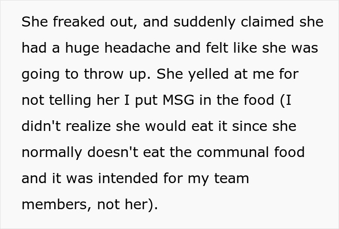 Woman Loses It After She Finds Out A Coworker's Meal She Helped Herself To Contained MSG, Takes Her To HR Woman Loses It After She Finds Out A Coworker's Meal She Helped Herself To Contained MSG, Takes Her To HR