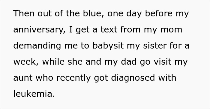Man Asks If He’s A Jerk For Wanting To Celebrate His Wedding Anniversary With His Wife Instead Of Babysitting His Sister Man Asks If He’s A Jerk For Wanting To Celebrate His Wedding Anniversary With His Wife Instead Of Babysitting His Sister