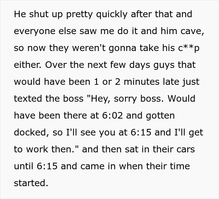Boss, Tired Of People Not Coming In At 6 AM Sharp, Decides To Punish Them By Docking 15 Mins, But It Quickly Comes Back To Bite Him Boss, Tired Of People Not Coming In At 6 AM Sharp, Decides To Punish Them By Docking 15 Mins, But It Quickly Comes Back To Bite Him