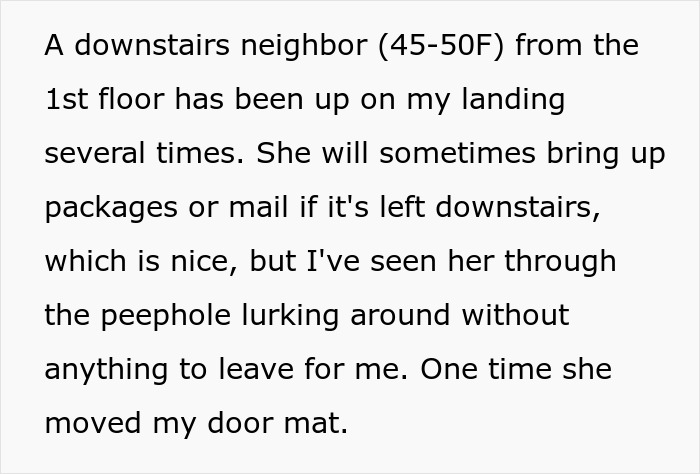 Woman Is Annoyed Her Neighbor Comes To Her Landing And Lurks, So She Swings Open The Door, Frightening Her And Causing Her To Fall