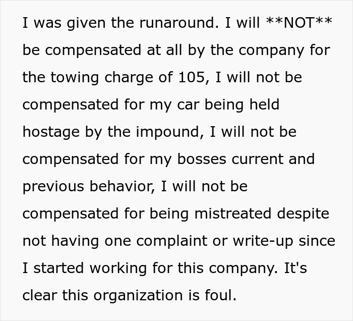 Entitled Boss Gets Placed On Leave After Wrongfully Towing Employee's Car For Parking In 'His Spot'