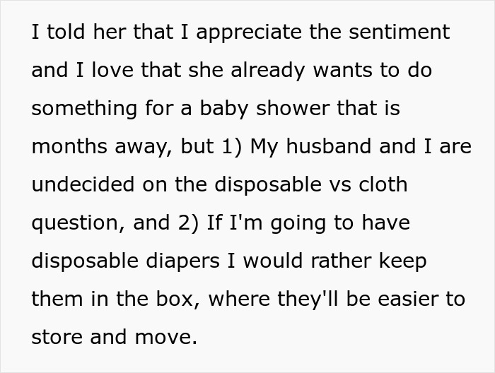 Expecting Mom Gets Called Out By Her Sister-In-Law For Not Wanting A 'Diaper Cake' For The Upcoming Baby Shower Expecting Mom Gets Called Out By Her Sister-In-Law For Not Wanting A 'Diaper Cake' For The Upcoming Baby Shower