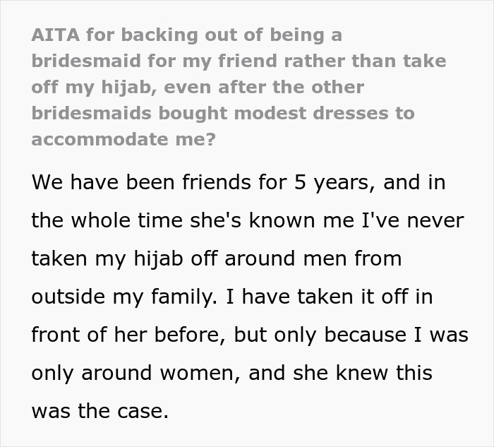 Muslim Bridesmaid Asks If She's A Jerk For Not Compromising And Keeping Her Hijab On For Her Friend's Wedding Muslim Bridesmaid Asks If She's A Jerk For Not Compromising And Keeping Her Hijab On For Her Friend's Wedding
