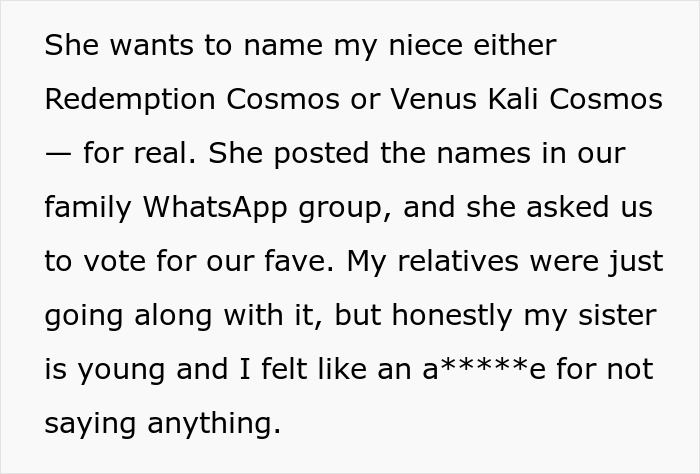 Brother Reminds Pregnant Sister That The Baby Is An “Actual Human Person, Not A Fun Alter Ego” After Hearing Her Choice In Names Brother Reminds Pregnant Sister That The Baby Is An “Actual Human Person, Not A Fun Alter Ego” After Hearing Her Choice In Names