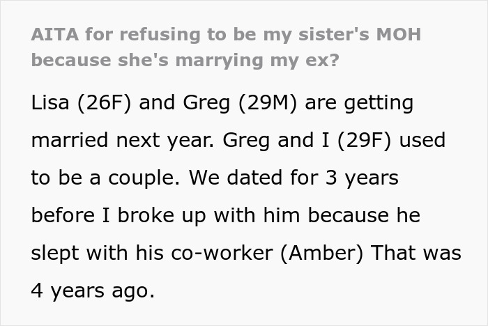 Woman Wonders “AITA For Refusing To Be My Sister’s MOH Because She’s Marrying My Ex?” Woman Wonders “AITA For Refusing To Be My Sister’s MOH Because She’s Marrying My Ex?”