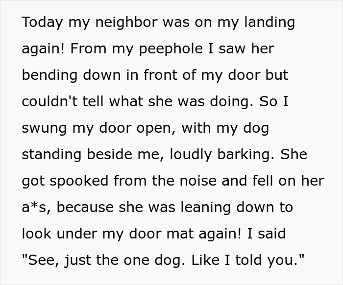 Woman Is Annoyed Her Neighbor Comes To Her Landing And Lurks, So She Swings Open The Door, Frightening Her And Causing Her To Fall Woman Is Annoyed Her Neighbor Comes To Her Landing And Lurks, So She Swings Open The Door, Frightening Her And Causing Her To Fall