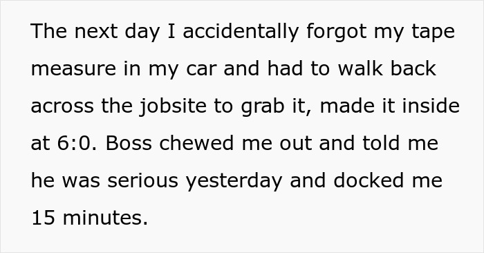 Boss, Tired Of People Not Coming In At 6 AM Sharp, Decides To Punish Them By Docking 15 Mins, But It Quickly Comes Back To Bite Him Boss, Tired Of People Not Coming In At 6 AM Sharp, Decides To Punish Them By Docking 15 Mins, But It Quickly Comes Back To Bite Him