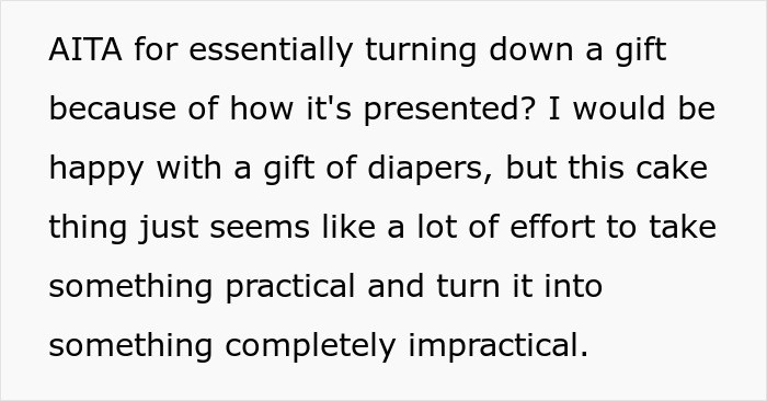 Expecting Mom Gets Called Out By Her Sister-In-Law For Not Wanting A 'Diaper Cake' For The Upcoming Baby Shower Expecting Mom Gets Called Out By Her Sister-In-Law For Not Wanting A 'Diaper Cake' For The Upcoming Baby Shower