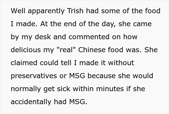 Woman Loses It After She Finds Out A Coworker's Meal She Helped Herself To Contained MSG, Takes Her To HR Woman Loses It After She Finds Out A Coworker's Meal She Helped Herself To Contained MSG, Takes Her To HR