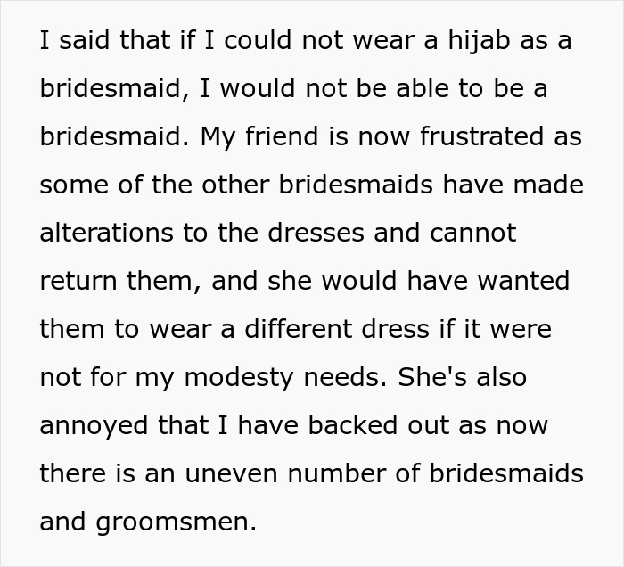 Muslim Bridesmaid Asks If She's A Jerk For Not Compromising And Keeping Her Hijab On For Her Friend's Wedding Muslim Bridesmaid Asks If She's A Jerk For Not Compromising And Keeping Her Hijab On For Her Friend's Wedding