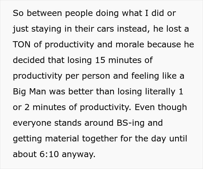 Boss, Tired Of People Not Coming In At 6 AM Sharp, Decides To Punish Them By Docking 15 Mins, But It Quickly Comes Back To Bite Him Boss, Tired Of People Not Coming In At 6 AM Sharp, Decides To Punish Them By Docking 15 Mins, But It Quickly Comes Back To Bite Him