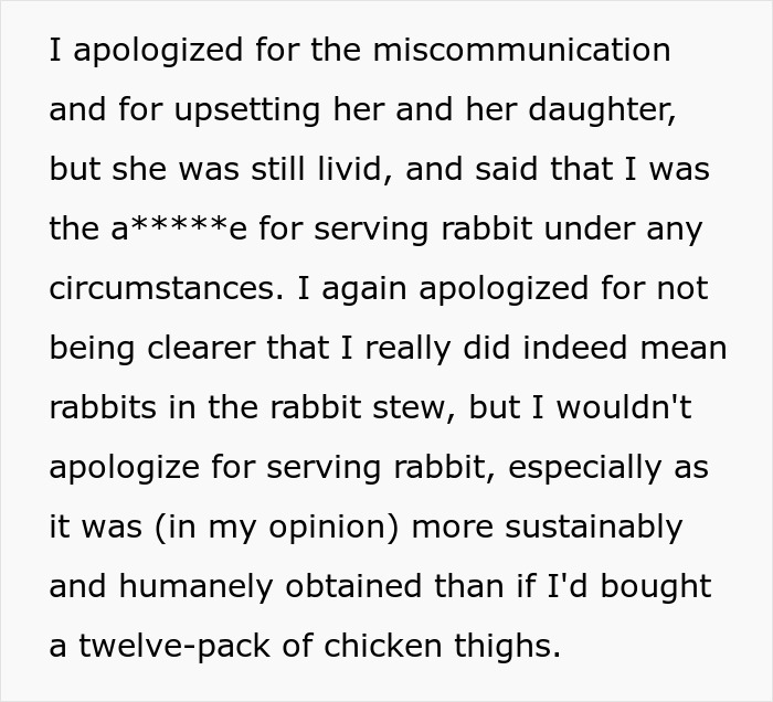 Woman Serves Rabbit Stew For Themed Party, Guests Flip Out After Realizing It Contains Actual Rabbit Meat Woman Serves Rabbit Stew For Themed Party, Guests Flip Out After Realizing It Contains Actual Rabbit Meat