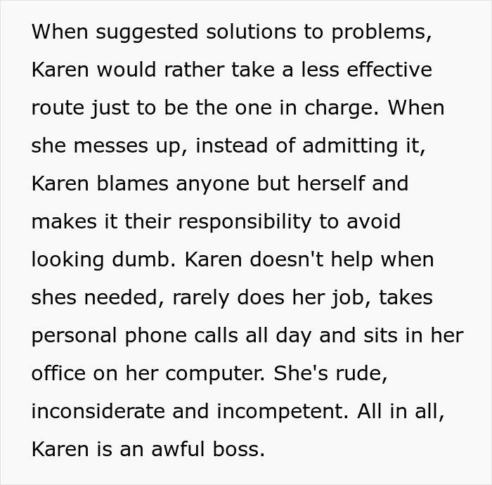 Karen Boss Tells Off Overworked And Underpaid Employee For Taking A 5-Minute Break, They Stop Doing Her Job For Her Karen Boss Tells Off Overworked And Underpaid Employee For Taking A 5-Minute Break, They Stop Doing Her Job For Her