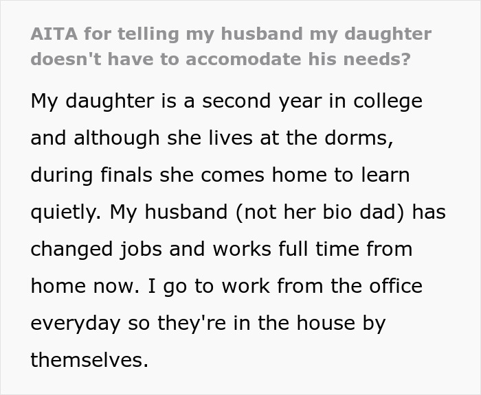 “AITA For Telling My Husband My Daughter Doesn’t Have To Accommodate His Needs?” “AITA For Telling My Husband My Daughter Doesn’t Have To Accommodate His Needs?”