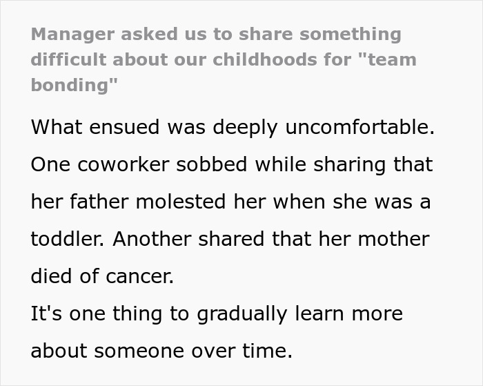 People Are Shocked After Reading How This Workplace Thought Discussing Childhood Traumas Was A Good Team-Building Exercise People Are Shocked After Reading How This Workplace Thought Discussing Childhood Traumas Was A Good Team-Building Exercise