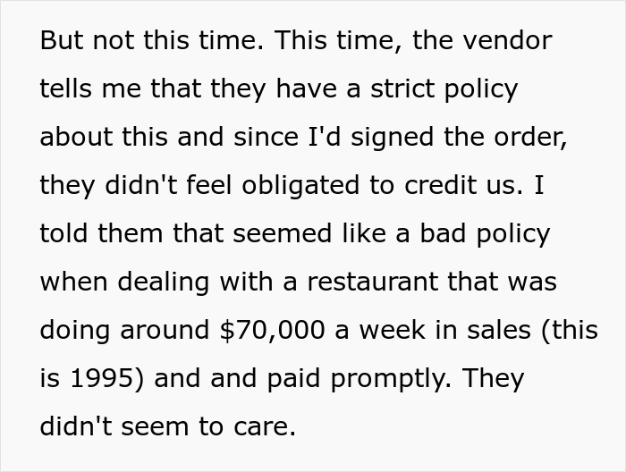 Vendor Won’t Credit Missing Item Due To “Strict Policy,” Restaurant Manager Maliciously Complies Vendor Won’t Credit Missing Item Due To “Strict Policy,” Restaurant Manager Maliciously Complies