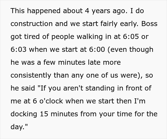 Boss, Tired Of People Not Coming In At 6 AM Sharp, Decides To Punish Them By Docking 15 Mins, But It Quickly Comes Back To Bite Him Boss, Tired Of People Not Coming In At 6 AM Sharp, Decides To Punish Them By Docking 15 Mins, But It Quickly Comes Back To Bite Him