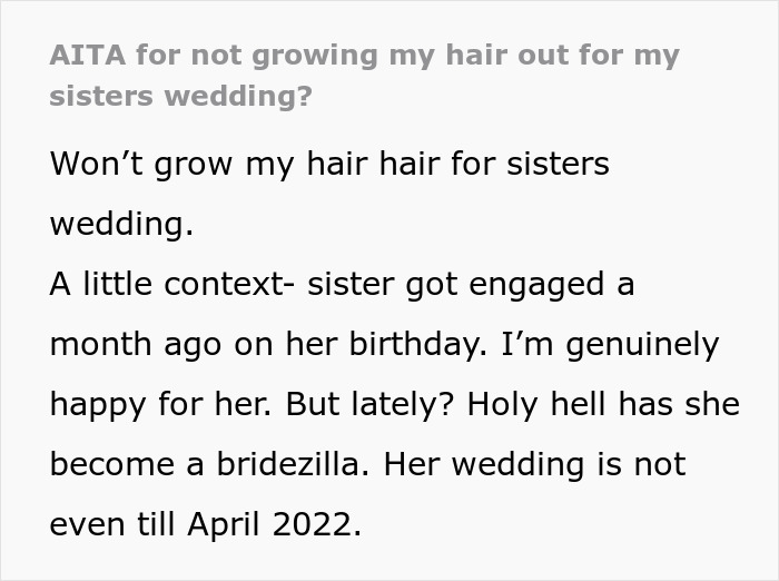 Bridezilla Cries And Tells Her Sister Not To Come To Her Wedding, Trying To Guilt Her Into Growing Out Her Hair For The Wedding Bridezilla Cries And Tells Her Sister Not To Come To Her Wedding, Trying To Guilt Her Into Growing Out Her Hair For The Wedding