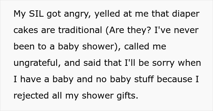 Expecting Mom Gets Called Out By Her Sister-In-Law For Not Wanting A 'Diaper Cake' For The Upcoming Baby Shower Expecting Mom Gets Called Out By Her Sister-In-Law For Not Wanting A 'Diaper Cake' For The Upcoming Baby Shower