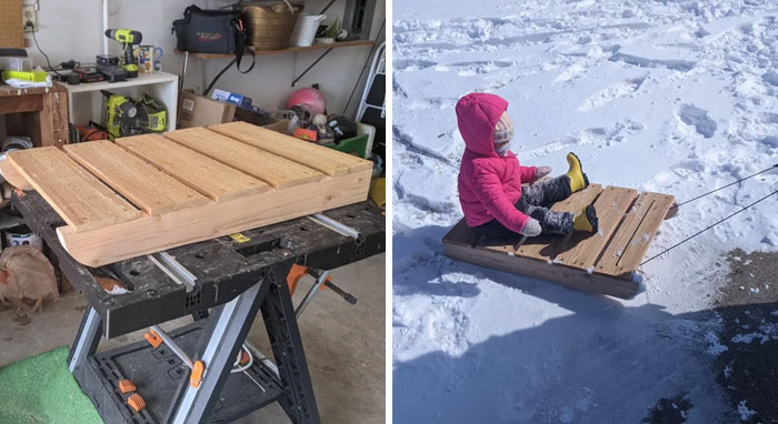 Me desperté con la nevada en Texas y mi hermana me preguntó si tenía un trineo para su hija (que no tenía), así que le construí uno malísimo muy rápido