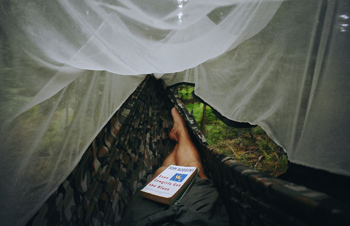 Person in a mosquito hammock holding a book 